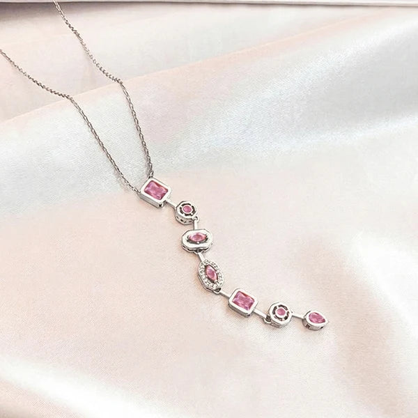Stainless Steel Silver Pink Crystal Y Necklace