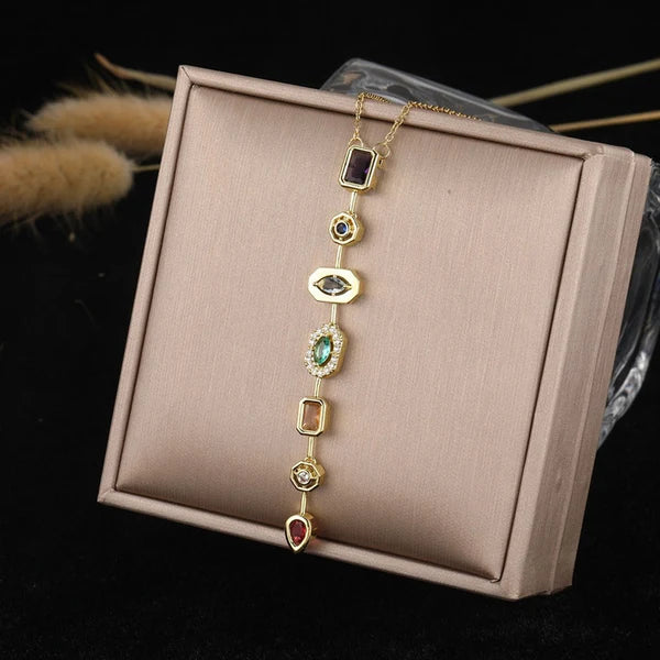 Stainless Steel Multicolor Crystal Y Necklace