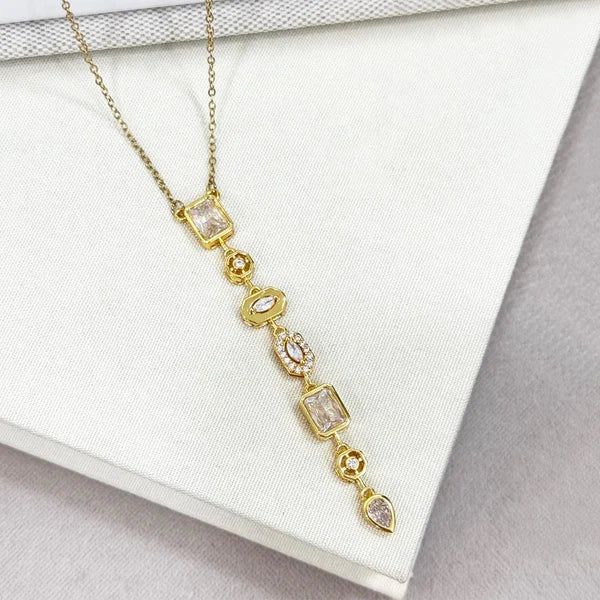 Stainless Steel Clear Crystal Y Necklace