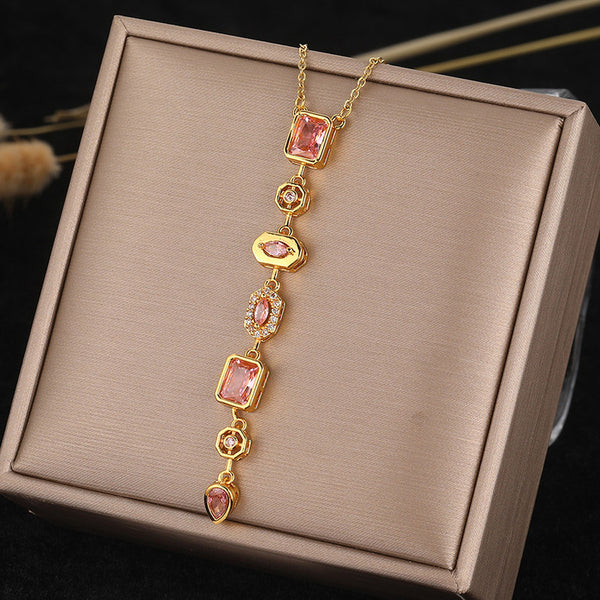 Stainless Steel Pink Crystal Y Necklace