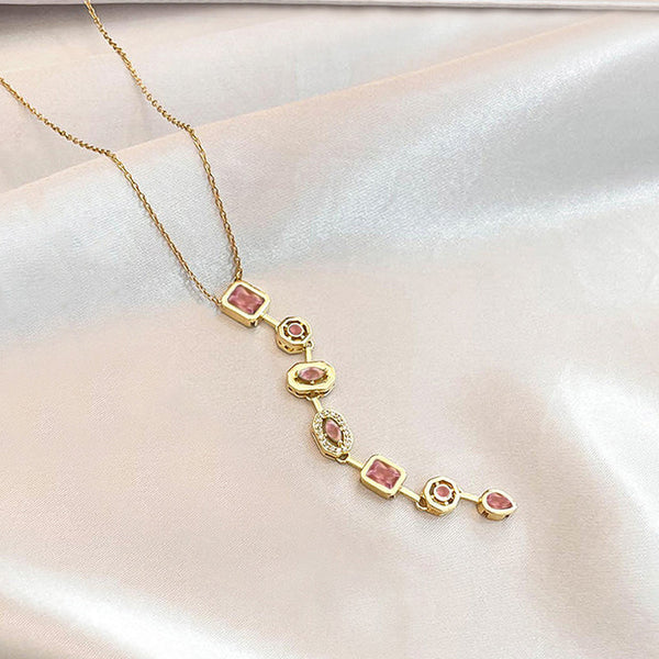Stainless Steel Pink Crystal Y Necklace