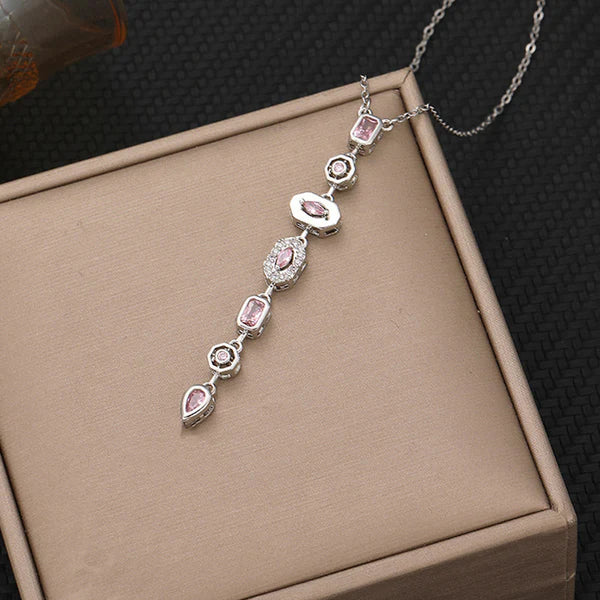 Stainless Steel Silver Pink Crystal Y Necklace